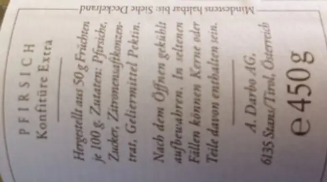 Feiner Pfirsich, Konfitüre extra ingredients label