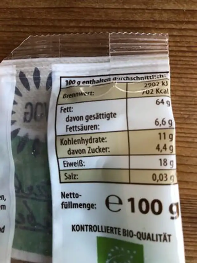 Bio Pinienkerne nutrition facts table