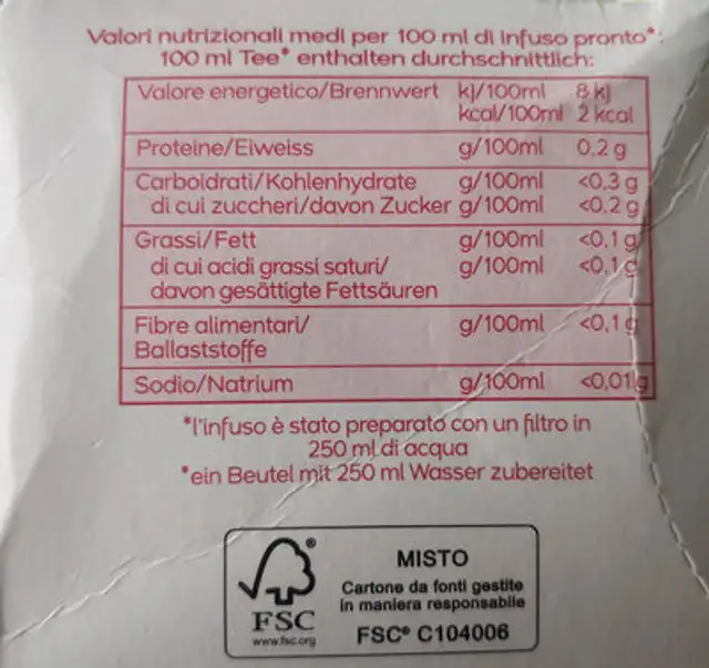 Fredde infusioni fragola& arancia nutrition facts table