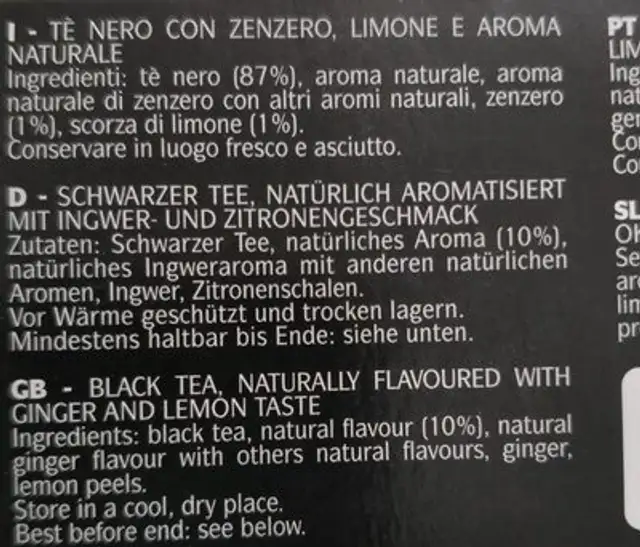 The Nero Zenzer. limon. x20 GR35 ingredients label