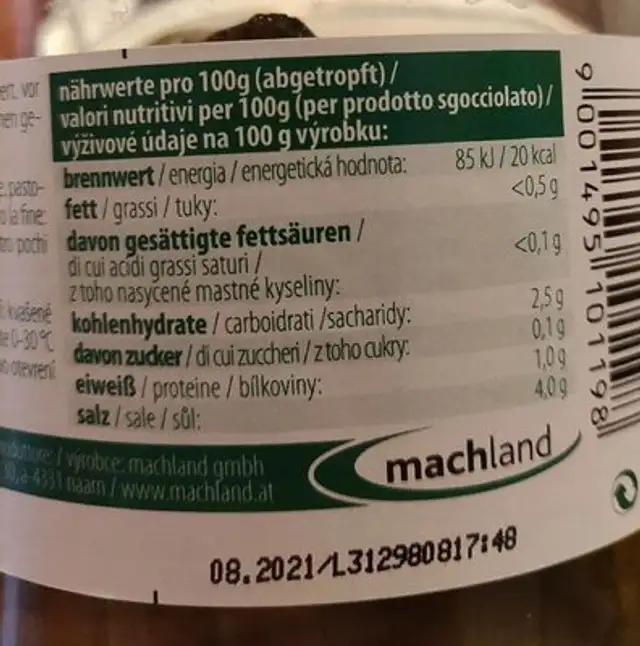 Salzgurken nutrition facts table