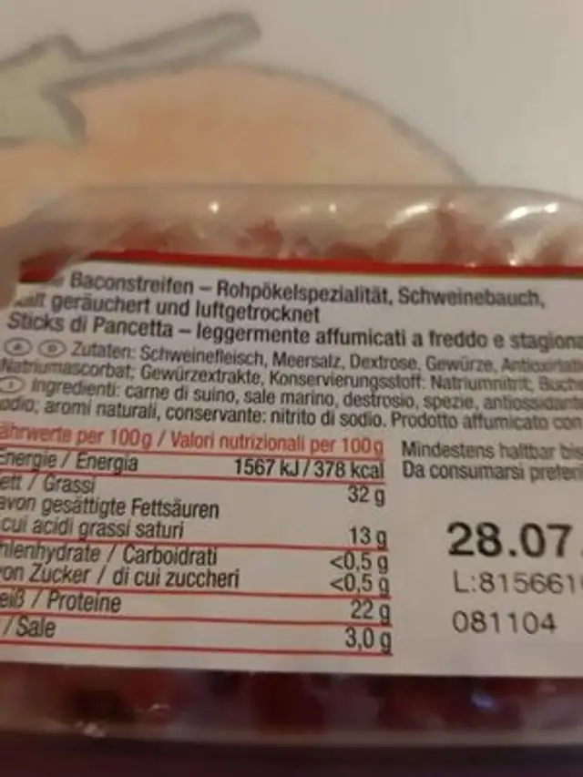 Stiks di pancetta nutrition facts table