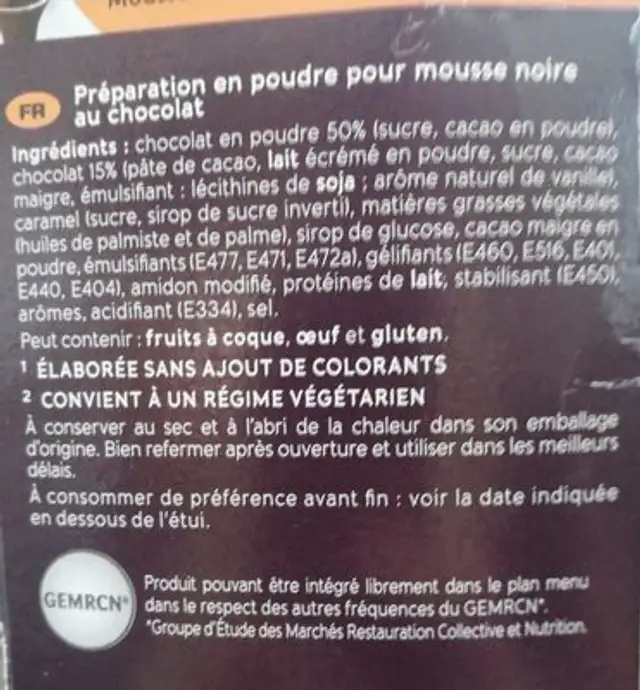 Mousse Noire au Chocolat NESTLÉ Docello Etui de 1 kg pour 70 portions ingredients label