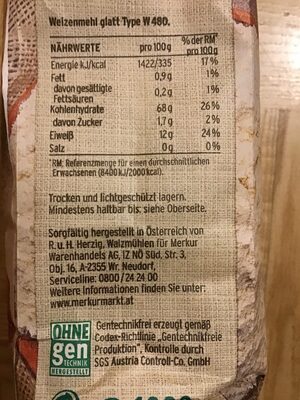 Weizenmehl glatt 1kg, Merkur IG nutrition facts table