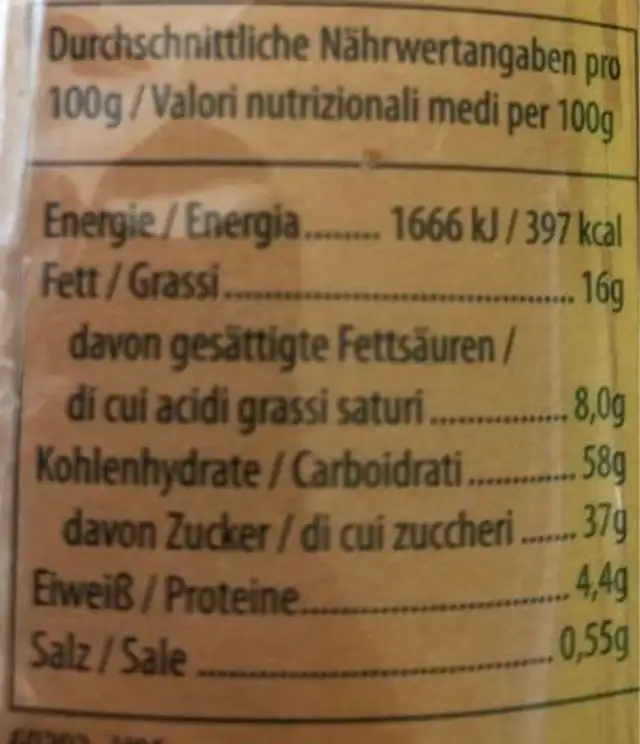 Roulade noisette nutrition facts table