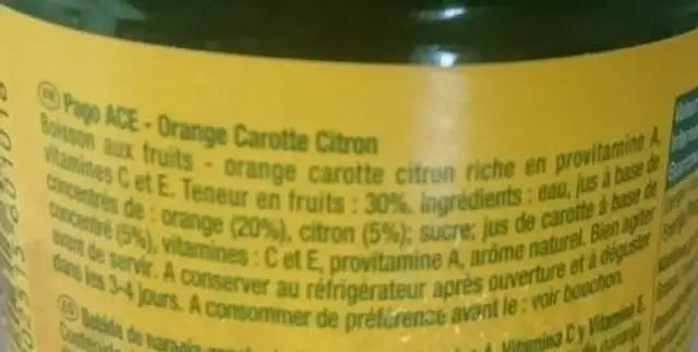 ACE ingredients label