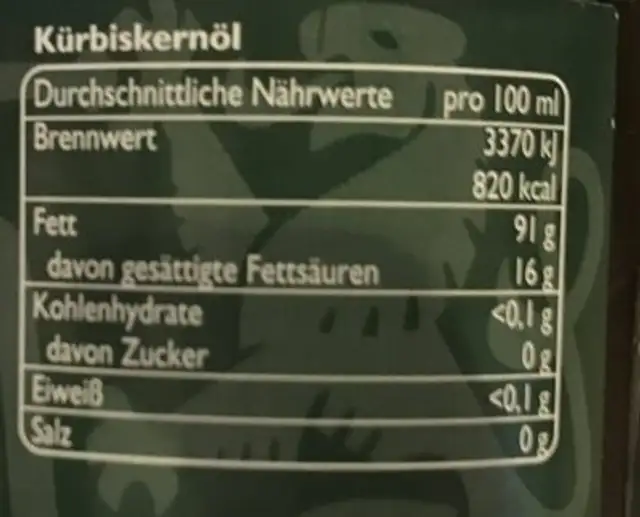 Kürbiskernöl nutrition facts table