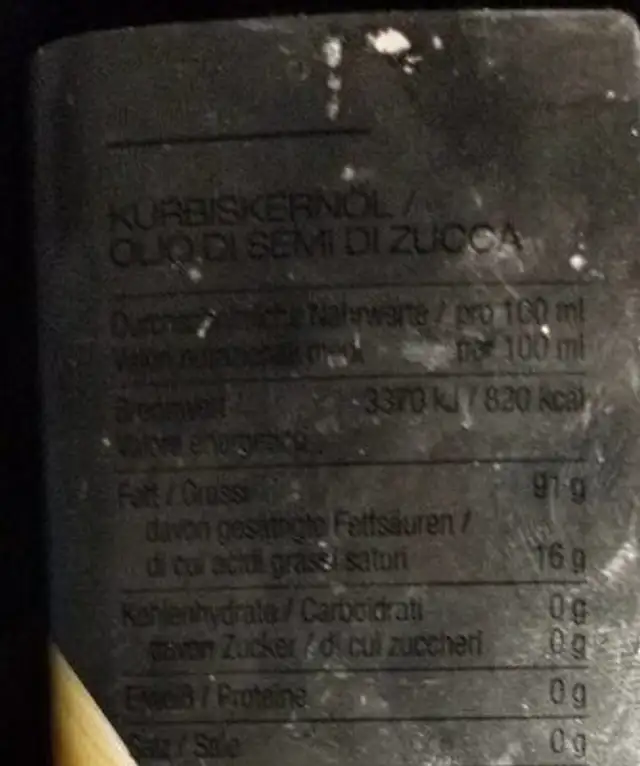 Pelzmann kurbiskernol nutrition facts table