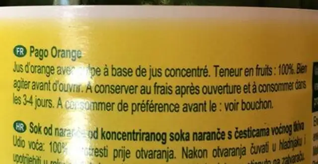 Jus D'orange Pago, 75cl ingredients label