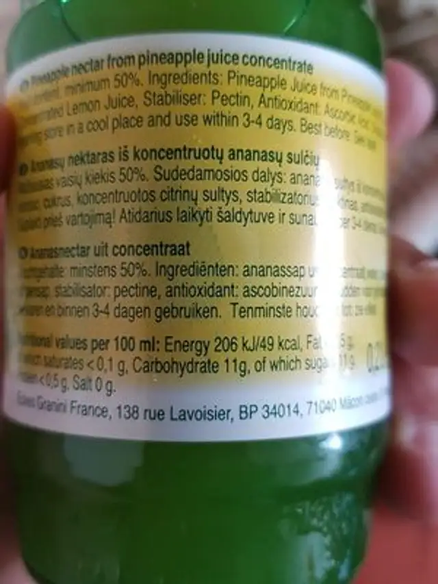 Pago Pineapple Flesje ingredients label