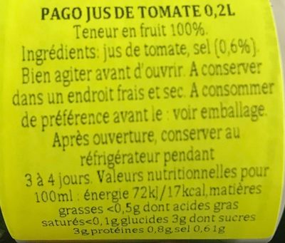 Jus de tomate ingredients label