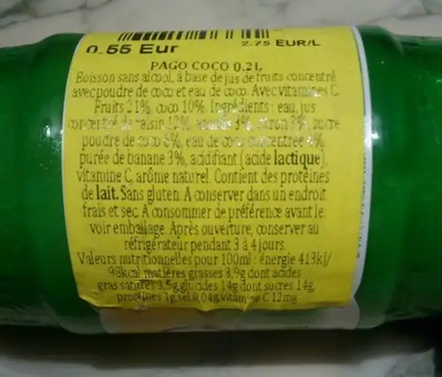 Zumo Coco Pago ingredients label