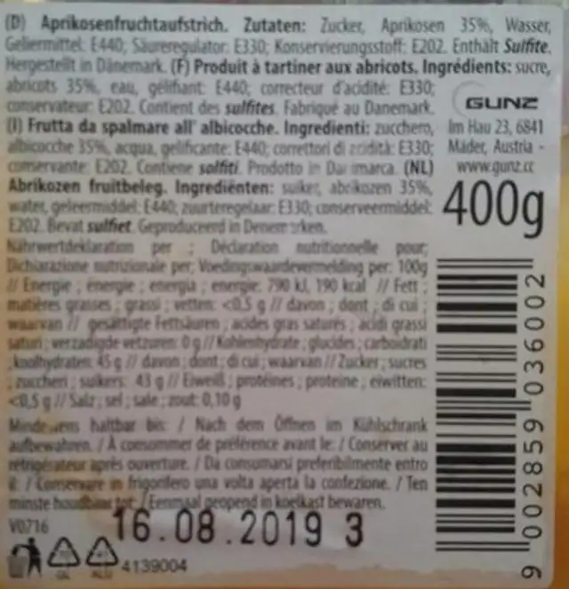 Muhlebach, Confiture D'abricot, 400g ingredients label