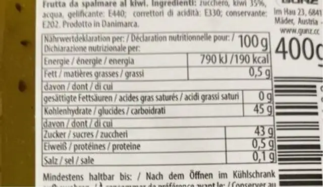 Muhlebach Produit À Tartiner Au Kiwi 400G nutrition facts table