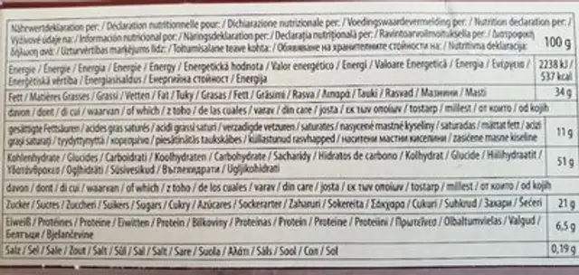 Papagena biscuits de pâte brisée fourrés de crème au chocolat nutrition facts table