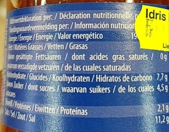 Pikantes Sambal Oelek 200g Glas Asia Gold nutrition facts table