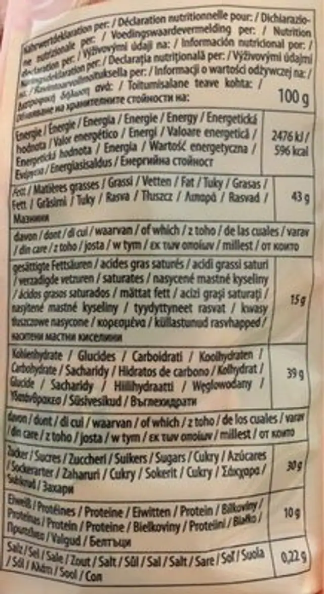 Papagena Fine Bakeries nutrition facts table