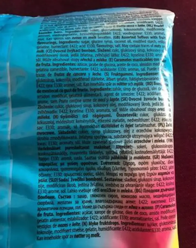 Toffee Mix٩ ingredients label