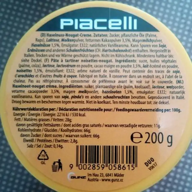 Haselnuss-nougat-creme Duo 200g Glas Piacelli ingredients label