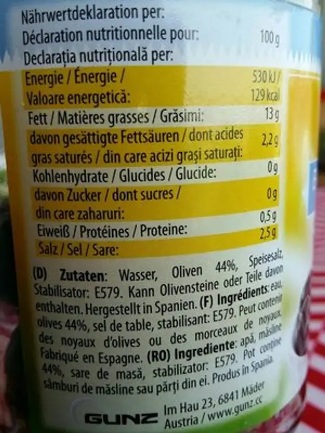 Schwarze Oliven - Entsteint 365g Glas Don Fernando ingredients label
