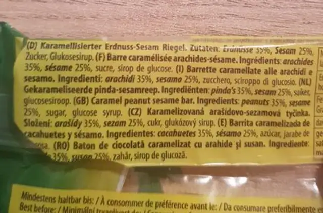 Caramel Sesam & Erdnussriegel Von Ivanka In Der 60g Packung ingredients label