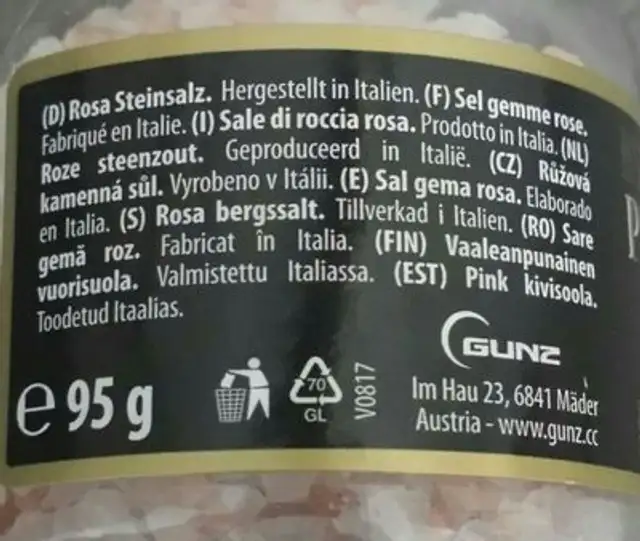 Pink Rock Salt ingredients label