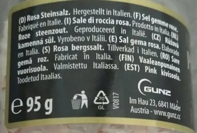 Pink Rock Salt nutrition facts table