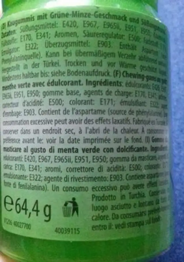 Kaugummi "spearmint" Zuckerfrei 64,4g Plastikdose Woogie ingredients label