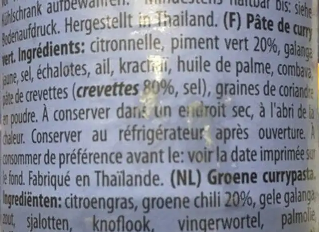 Curry green paste ingredients label