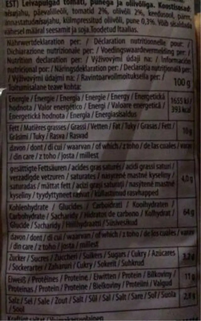 Grissini nutrition facts table
