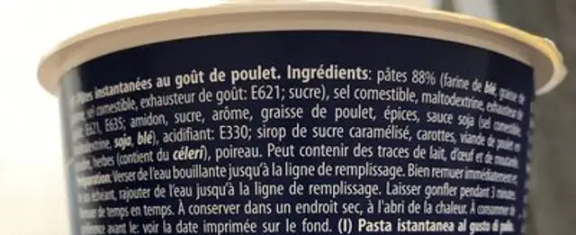 Noodles ingredients label