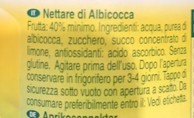 Marille, Nektar ingredients label