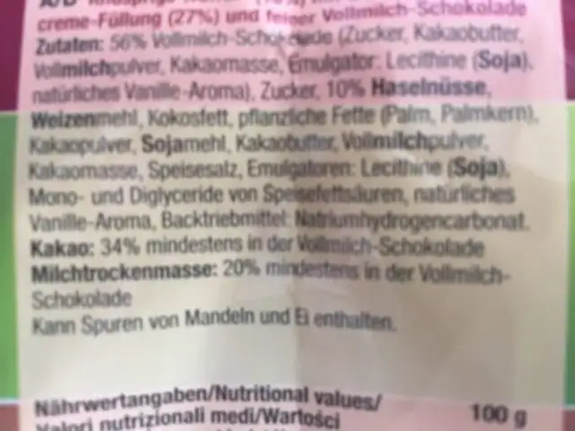 Haselnussecken Minis ingredients label