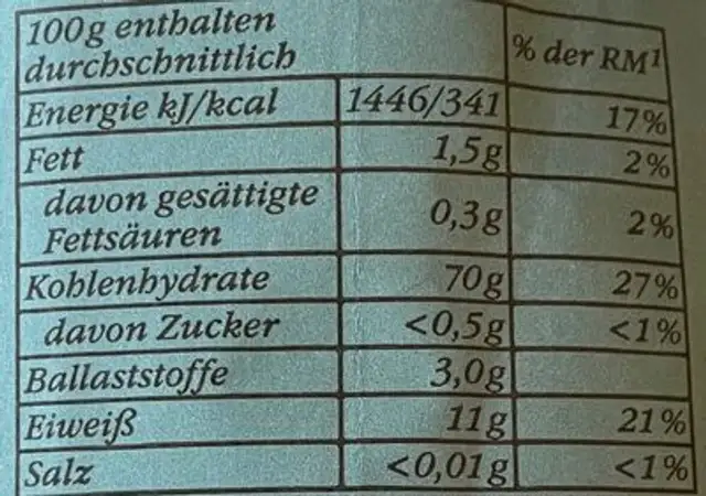 Bio-Weizenmehl glatt nutrition facts table
