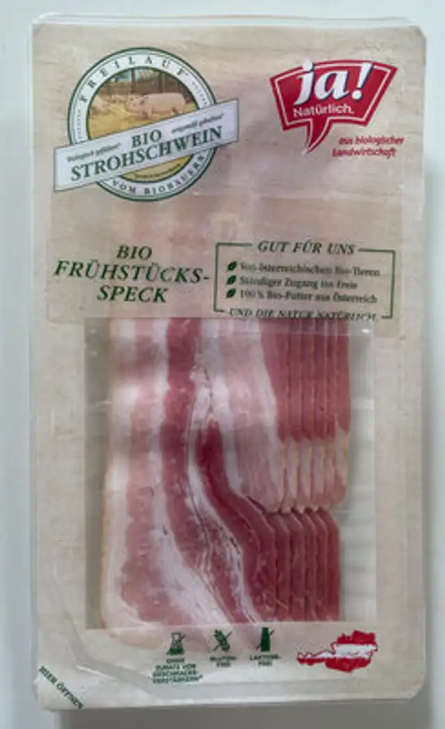 Bio-Frühstücksspeck vom Strohschwein front packaging