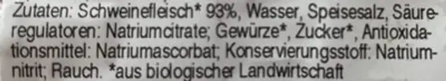 Bio-Frühstücksspeck vom Strohschwein ingredients label