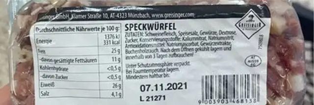 Speckwürfel nutrition facts table