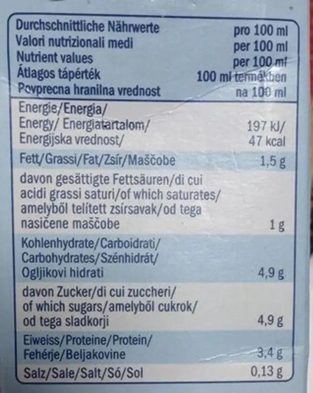 Gettarne H-Milch nutrition facts table
