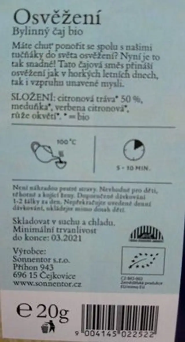 Sonnentor Tisane Rafraîchissante ingredients label