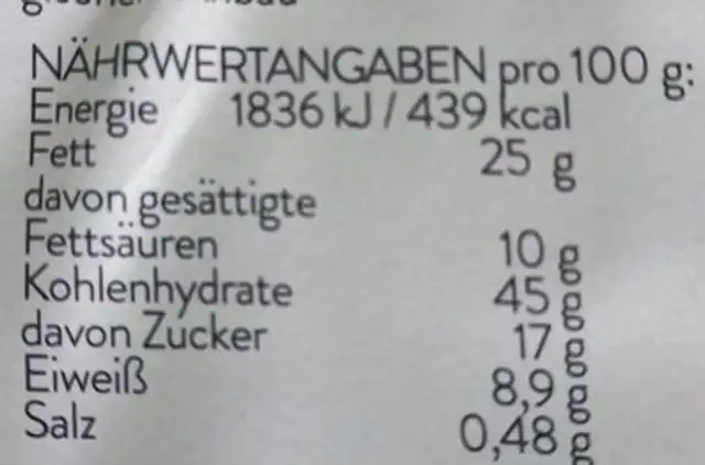Bio Mohn Zelten nutrition facts table