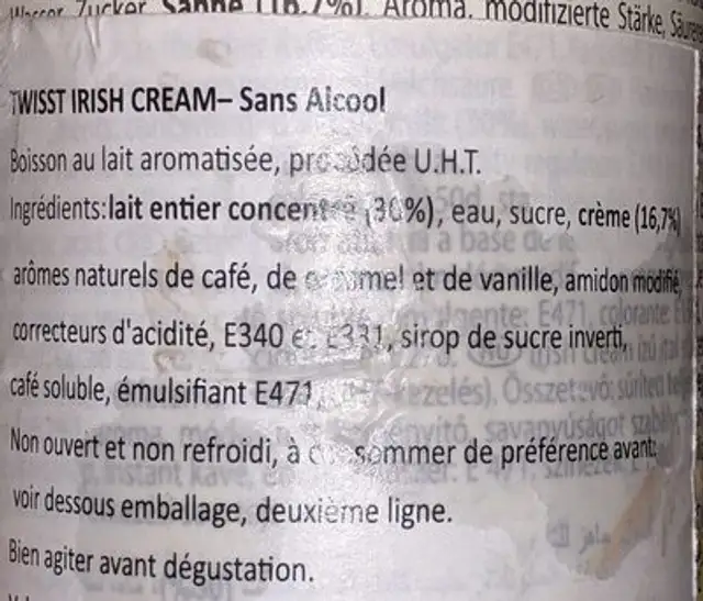 Irish cream (non alcoholic) ingredients label