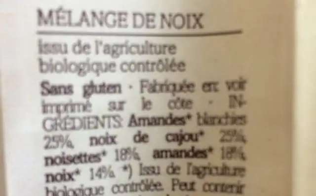 Mélange noix "Early Bird" ingredients label