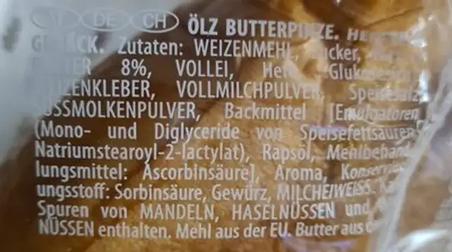 Butter Pinze - Ölz ingredients label