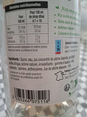 sirop de pêche blanche de méditerranée ingredients label
