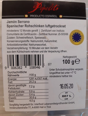 Pepelito Jamón Serrano g.t.S Luftgetrockneter Spanischer Rohschinken ingredients label