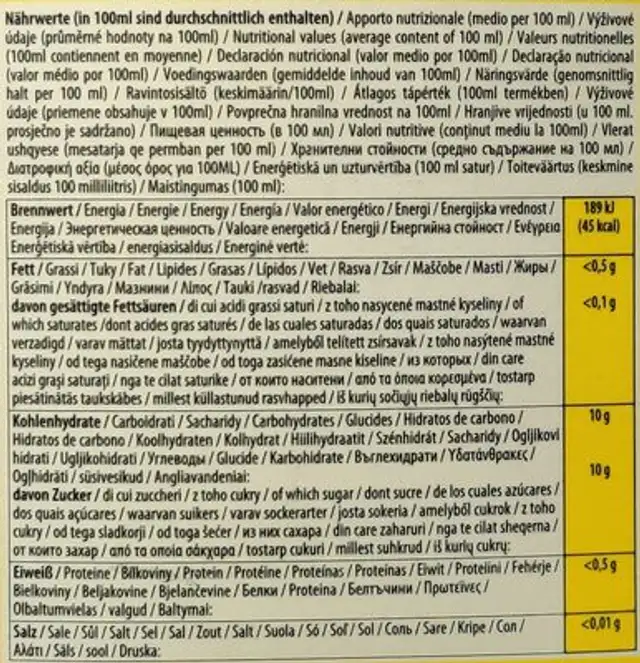 100% Apple juice nutrition facts table