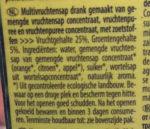 Multigold ingredients label