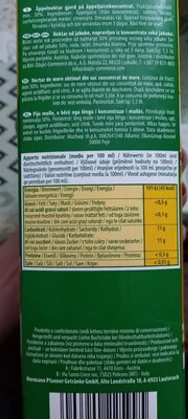 Mela Apfel ingredients label