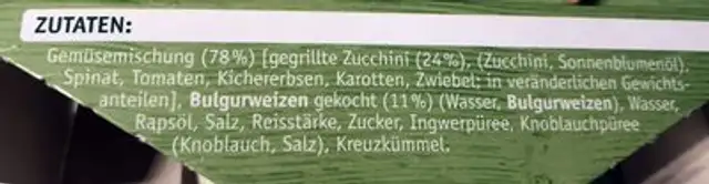 Zucchini Bulgur ingredients label