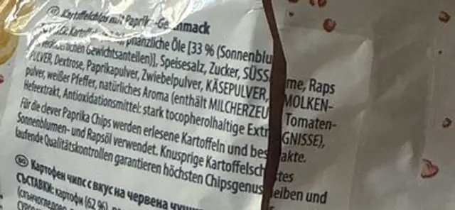 Paprika chips ingredients label